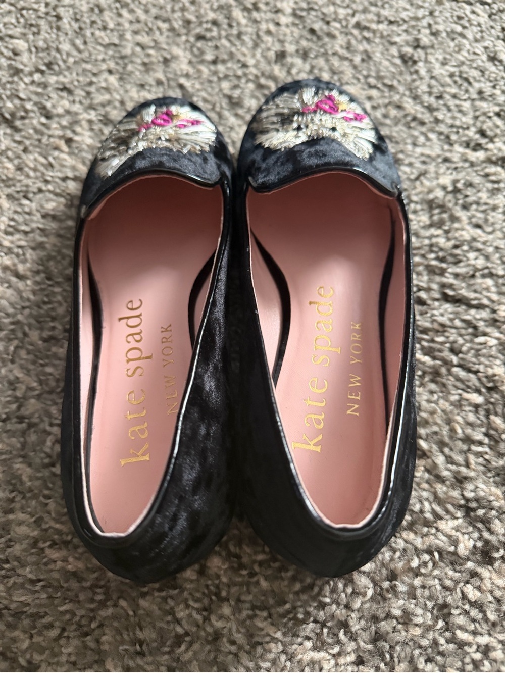 kate spade Black Velvet Cat Embroidered Flats with Pink Bow Detail - Picture 2 of 5